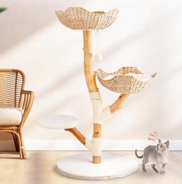Aesthetic, Real Wood Modern Cat Tree. 46 inches Tall, Sturdy, Solid Natural Wood Tower for Large Cats. Scratching
