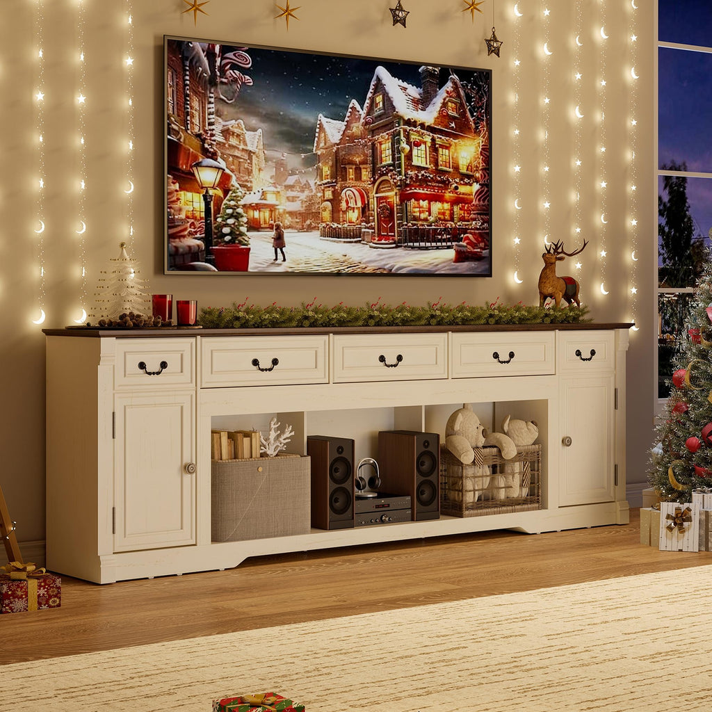 95" Large Farmhouse TV Stand, Entertainment Center for TV up to 100" White