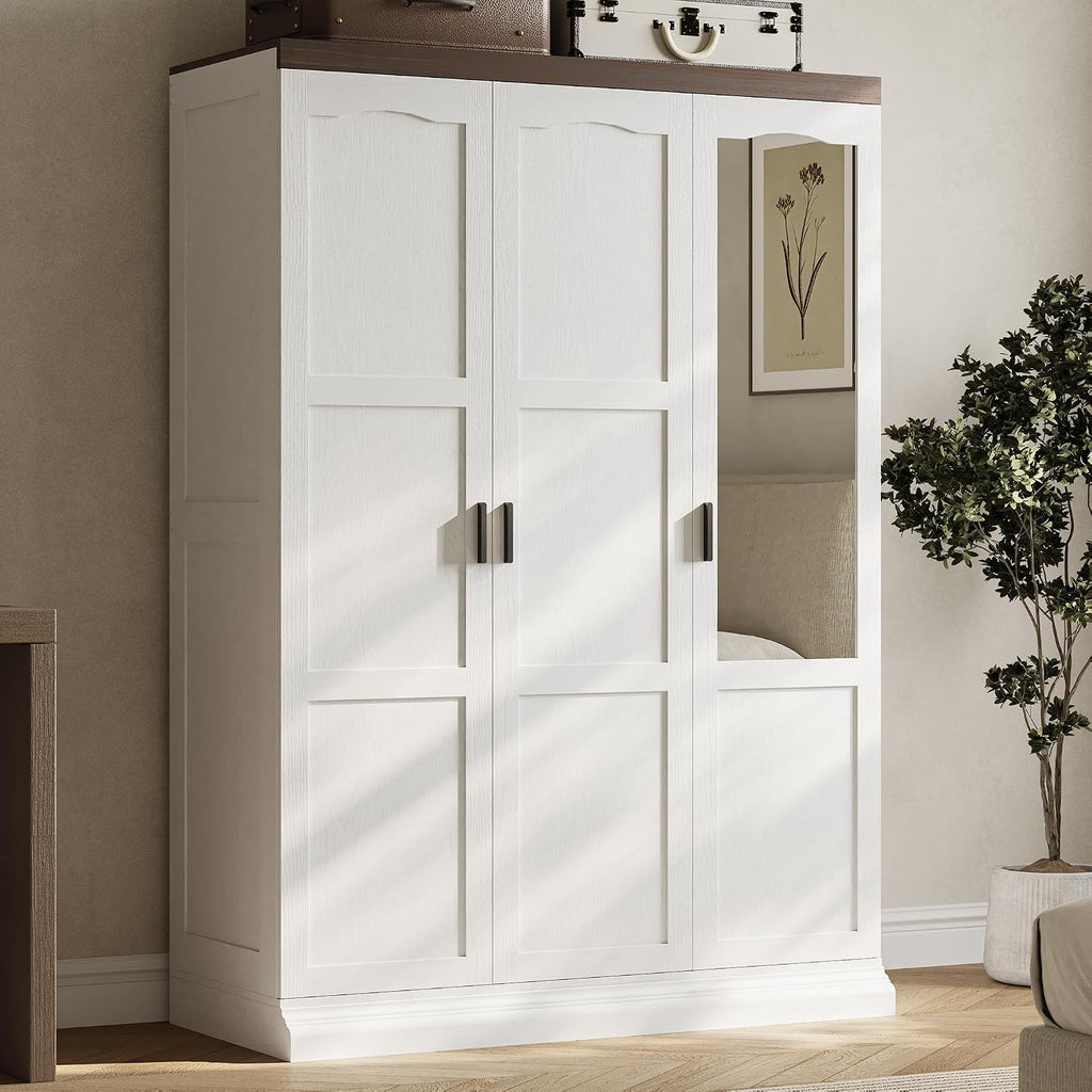3-Door Armoire Wardrobe Closet with Mirror and 2 Hanging Rods | Long & Short Hanging Zones / 3 Shelf Levels /