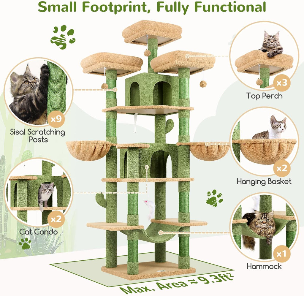 Big XXL Cactus Cat Tower for Indoor Multiple Cats, Green