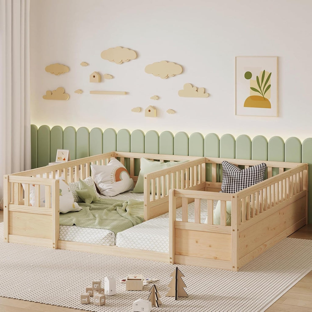 Double Floor Beds for 2 with Fence, Natural