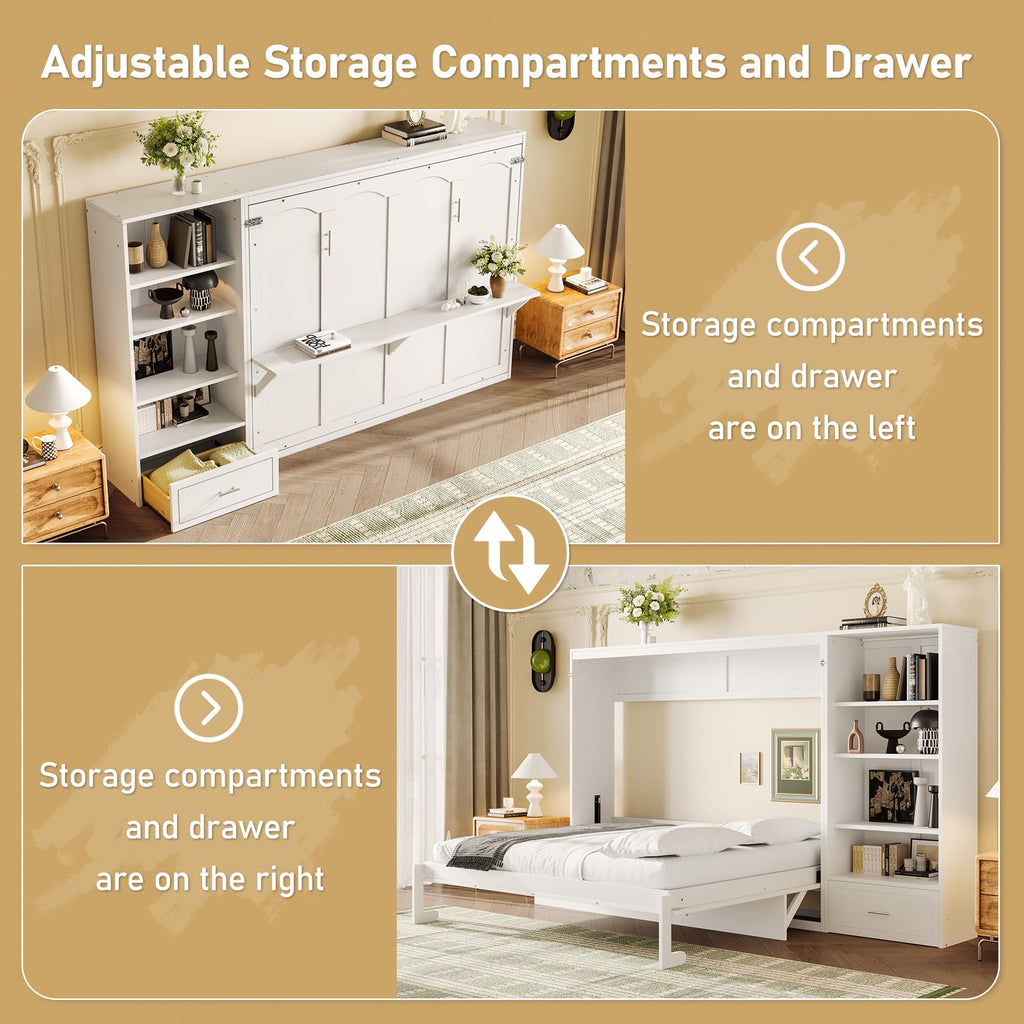 Queen Size Murphy Bed with Height Adjustable Storage Compartments and Shelf, Wall Bed Frame with 1 Drawer, Foldable