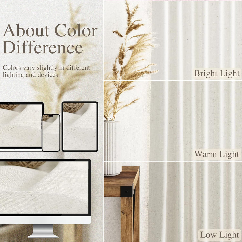 Pinch Pleated Linen Curtains Semi Sheer 98 Inches Long 2 Panels Natural Cream Curtain for Rustic Farmhouse Back Tab