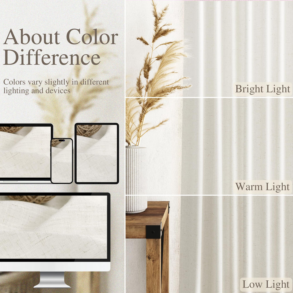Cream Semi Sheer Linen Curtains 102 Inch Long Curtains Back Tab Rod Pocket 2 Panels Set Natural Elegant Living Room