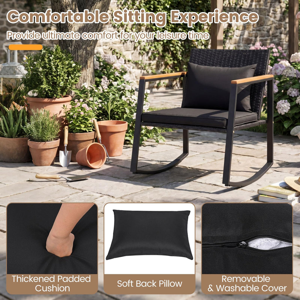 3-Piece Outdoor Rocking Chair Set, Black Cushion & Natural Armrest