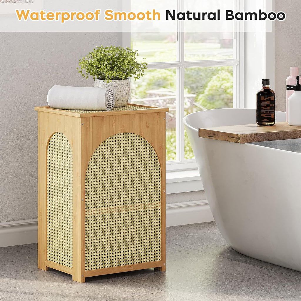 Bamboo Laundry Hamper with Lid, 16.9" x 13.4" x 26.8" Wooden Clothes Basket with Removable Liner Bag, Space-Saving