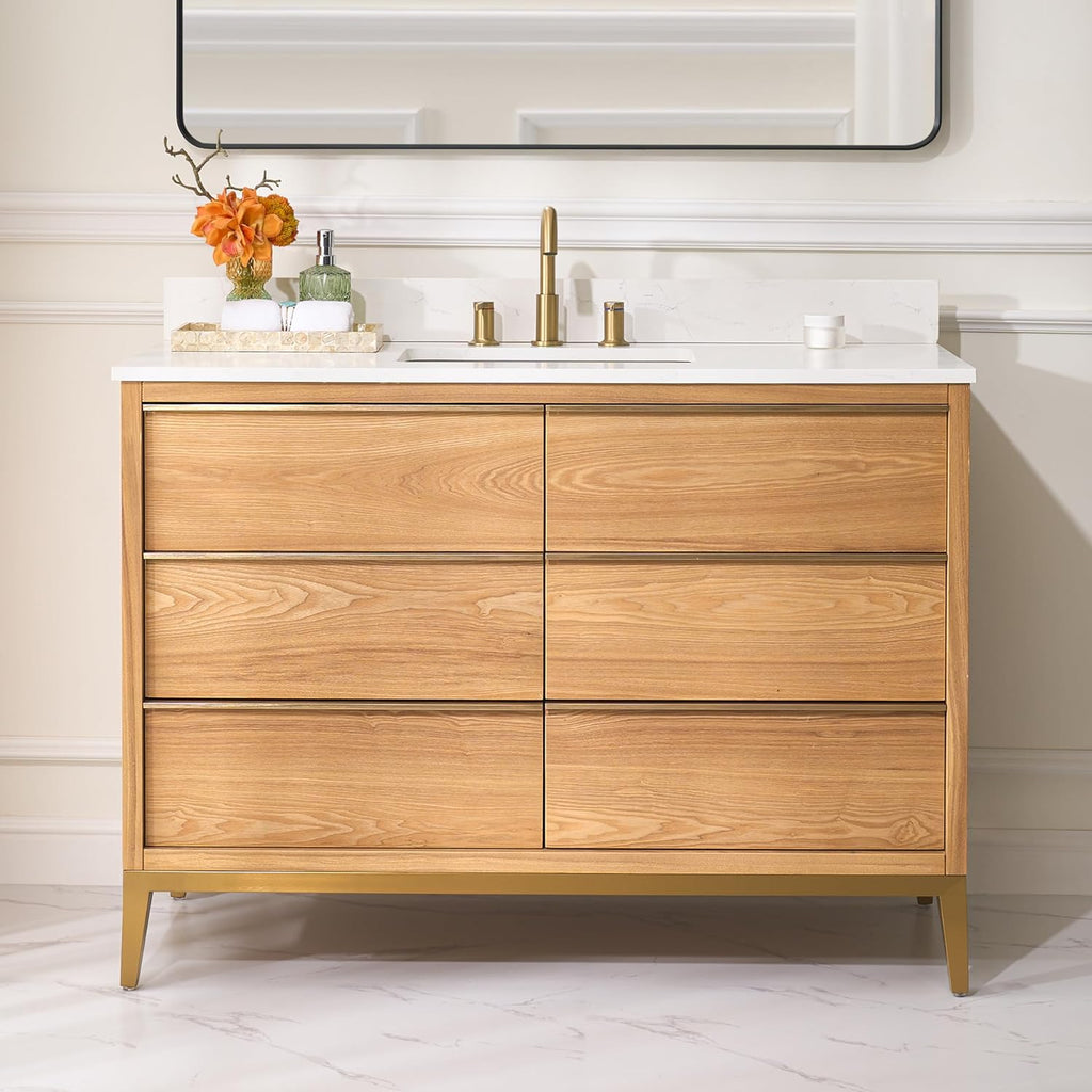 48" Bathroom Vanity with Sink, Freestanding Wooden Bathroom Makeup Cabinet W/ 6 Soft-Close Drawers and