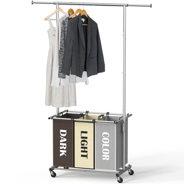 3 Bags Laundry Sorter Cart with Hanging Rod, Multi Color