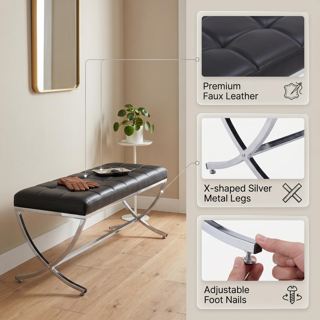 Modern Entryway Bench Leather Upholstered Dining Bench with Metal Base Button Tufted Ottoman Bench with Padded Seat