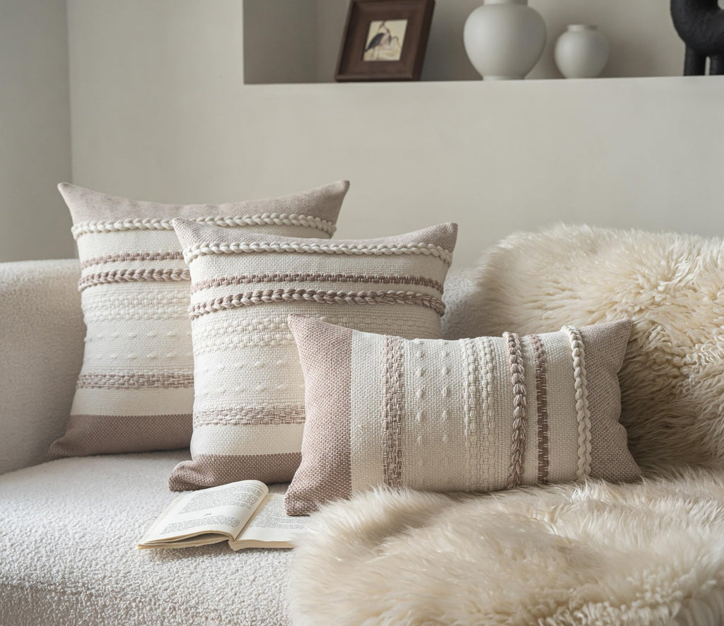 Boho Throw Pillow Covers 18x18 Inch Set of 2, Khaki Textured Decorative Couch Pillow Cases for Farmhouse Home Decor