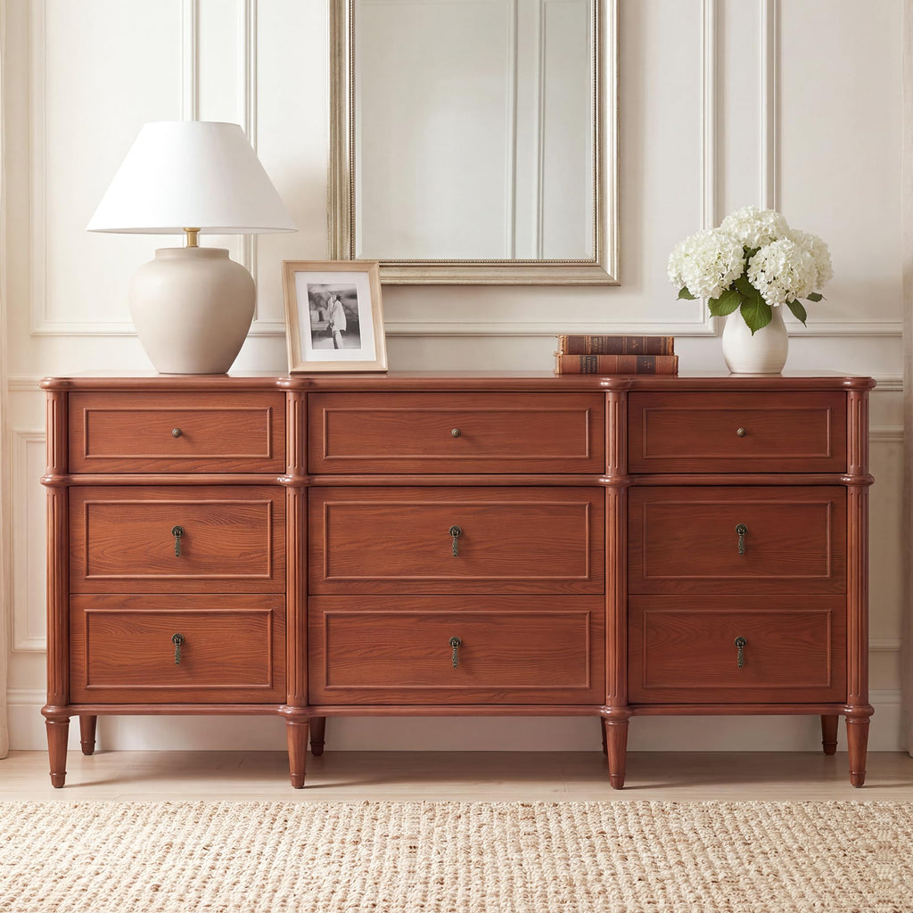 63" 9-Drawer with Power Outlet, Architectural Wood Storage Chest with Framed Drawers, Vintage Metal Pulls and Solid