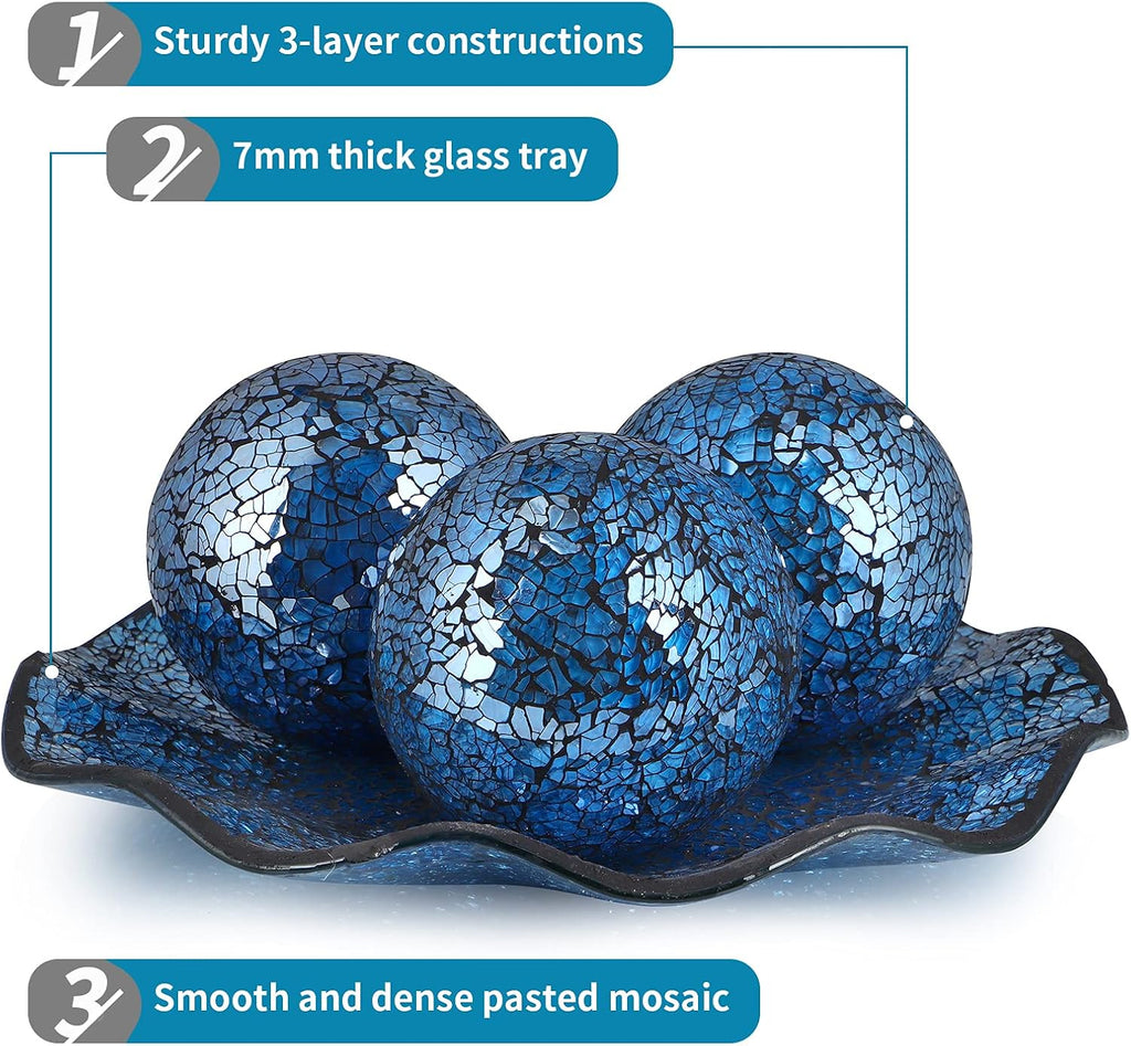 Centerpiece Bowl and Balls Set, Mosaic Tray with 3 Pieces Spheres, 12" Decorative Plate with 4" Mosaic Orbs Decor