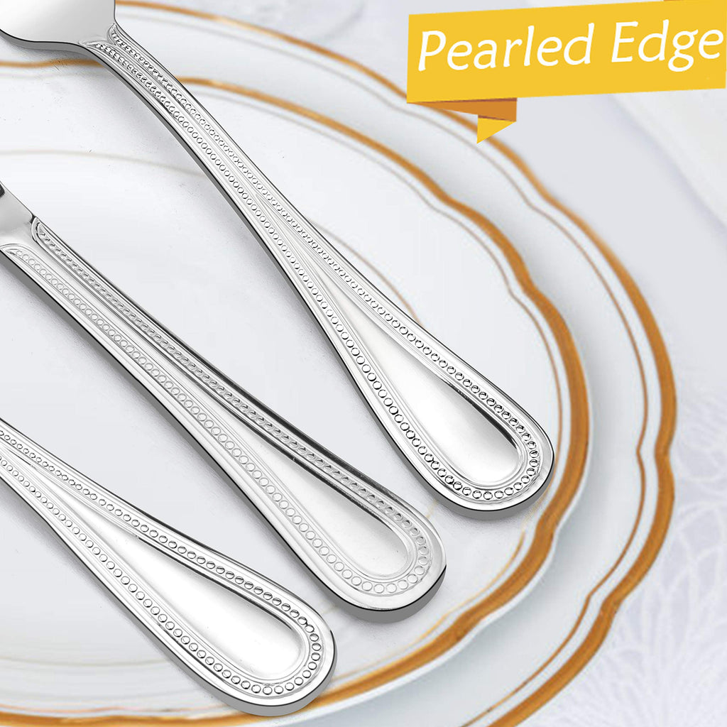 Silverware Set, 60-Piece Pearled Edge Stainless Steel Flatware for 12, Beading Tableware Cutlery Utensil, Mirror