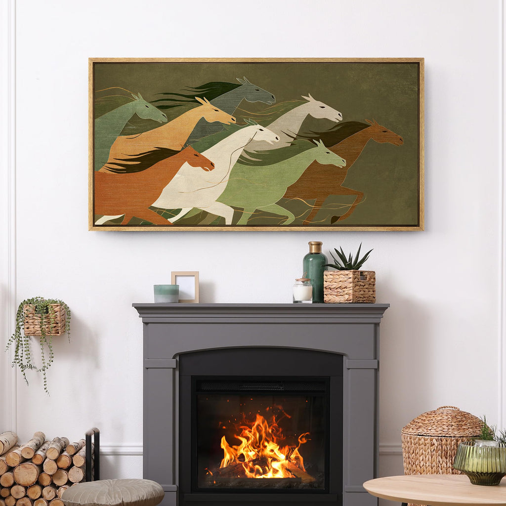 Extra Large Framed Canvas Print Wall Art Running Horses Modern Abstract Horse in Earthy Green and Orange Tones