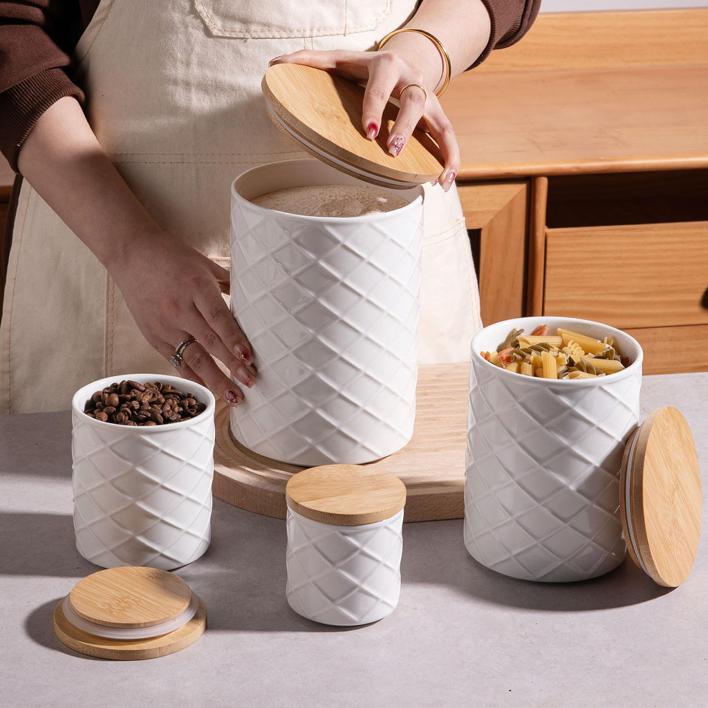 Ceramic Canisters Sets Countertop, Relief Food Storage Jar with Bamboo Lid, Stackable Container for Flour, Coffee