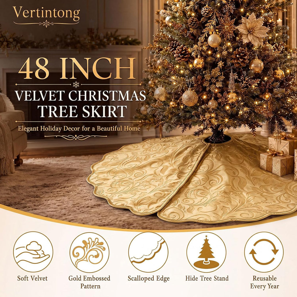 Velvet Christmas Tree Skirt Decor, 60 Inches, Scalloped Edge, Gold