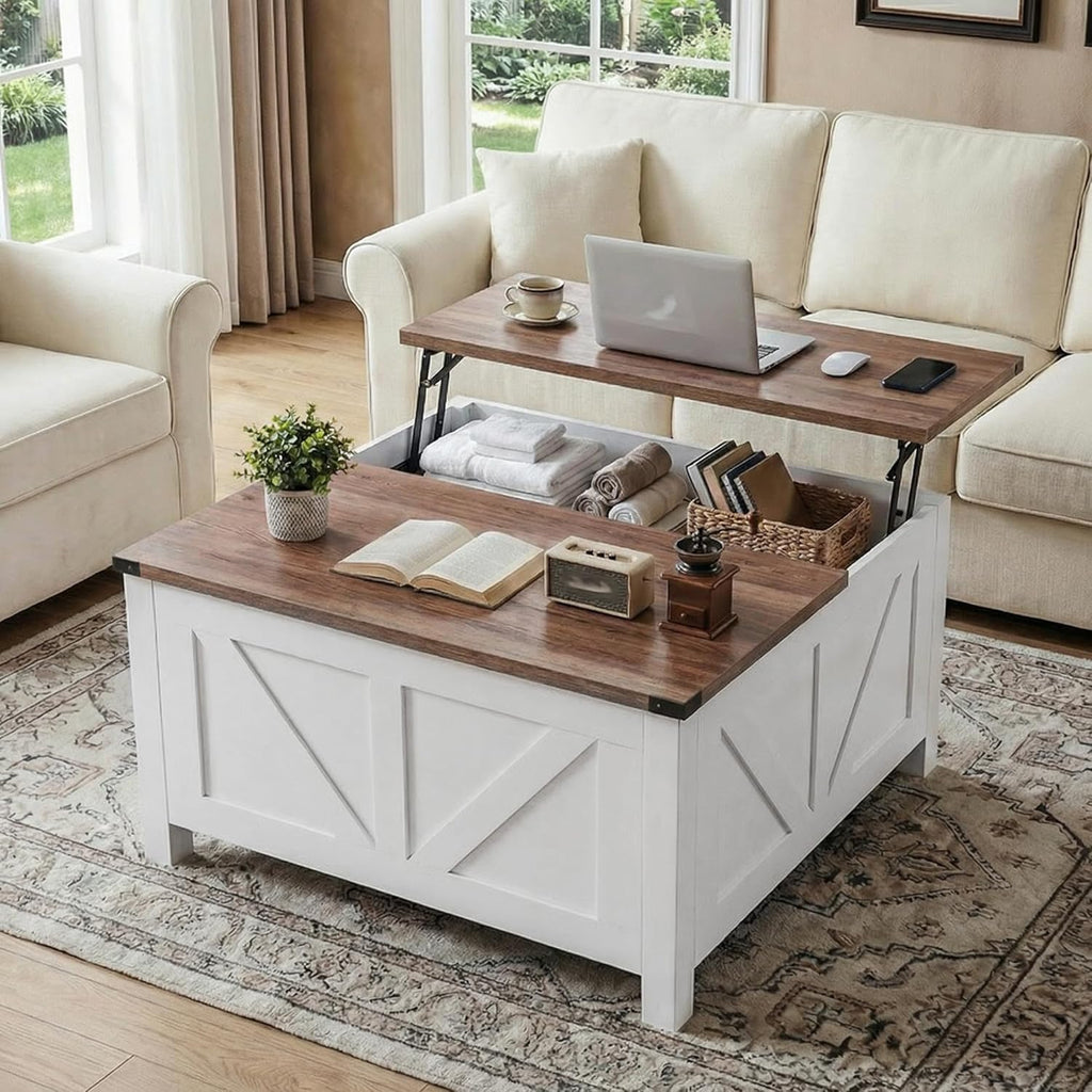 35” Farmhouse Coffee Table with Large Storage, Rustic Wood Lift Top Coffee Table