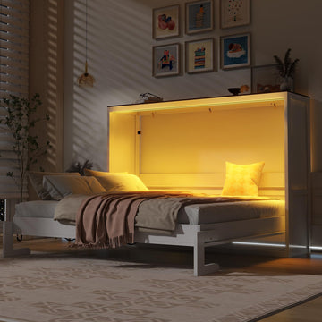 Full Murphy Bed with Storage, Led Light, Can Be Folded, White+Brown