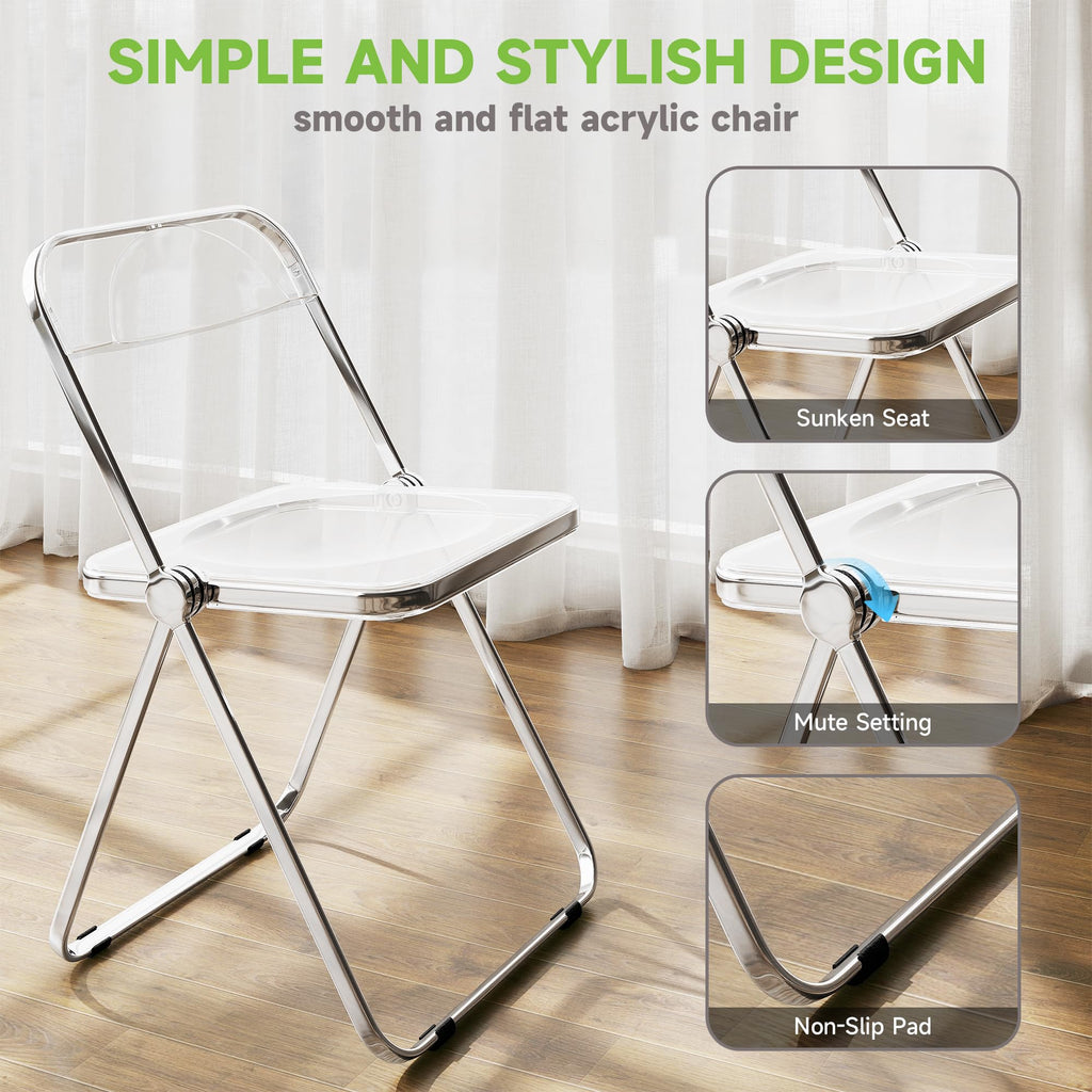 Acrylic Folding Chairs, Foldable & Stackable Clear Chairs with Metal Chrome Frame, Indoor and Outdoor, Party &