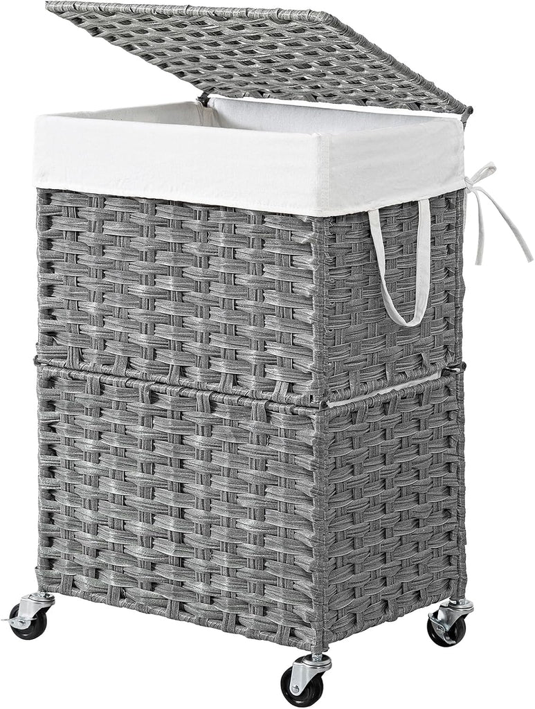Wicker Laundry Basket with Wheels,Rolling Laundry Hamper with Lid | 90L Slim Clothes Hamper with Wheels & Removable