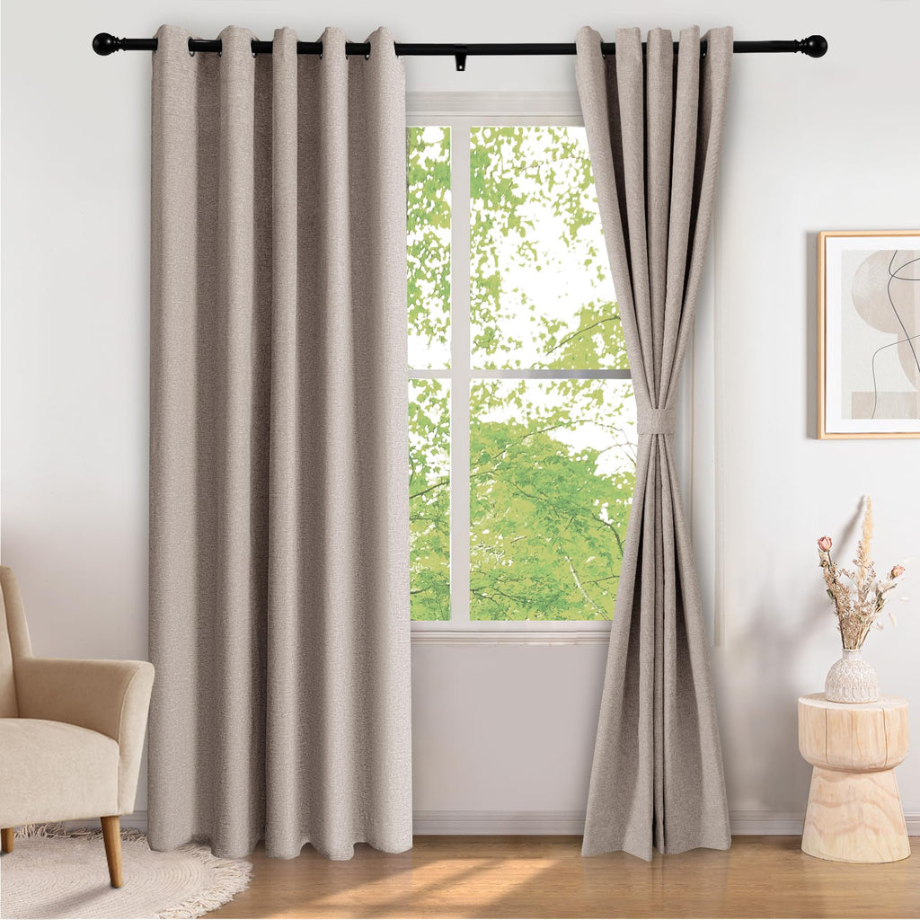 Extra Wide Linen Window Drapes for Sliding Glass Doors 100% Blackout Linen Textured Curtains Grommet Top Drapery