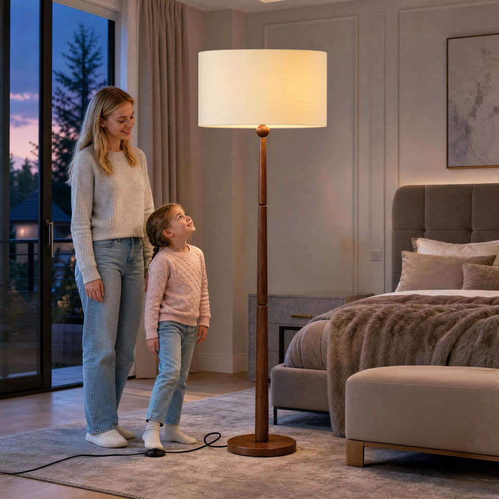 65 Inch Single Ball Walnut Wood Floor Lamp with Linen Shade, Beige