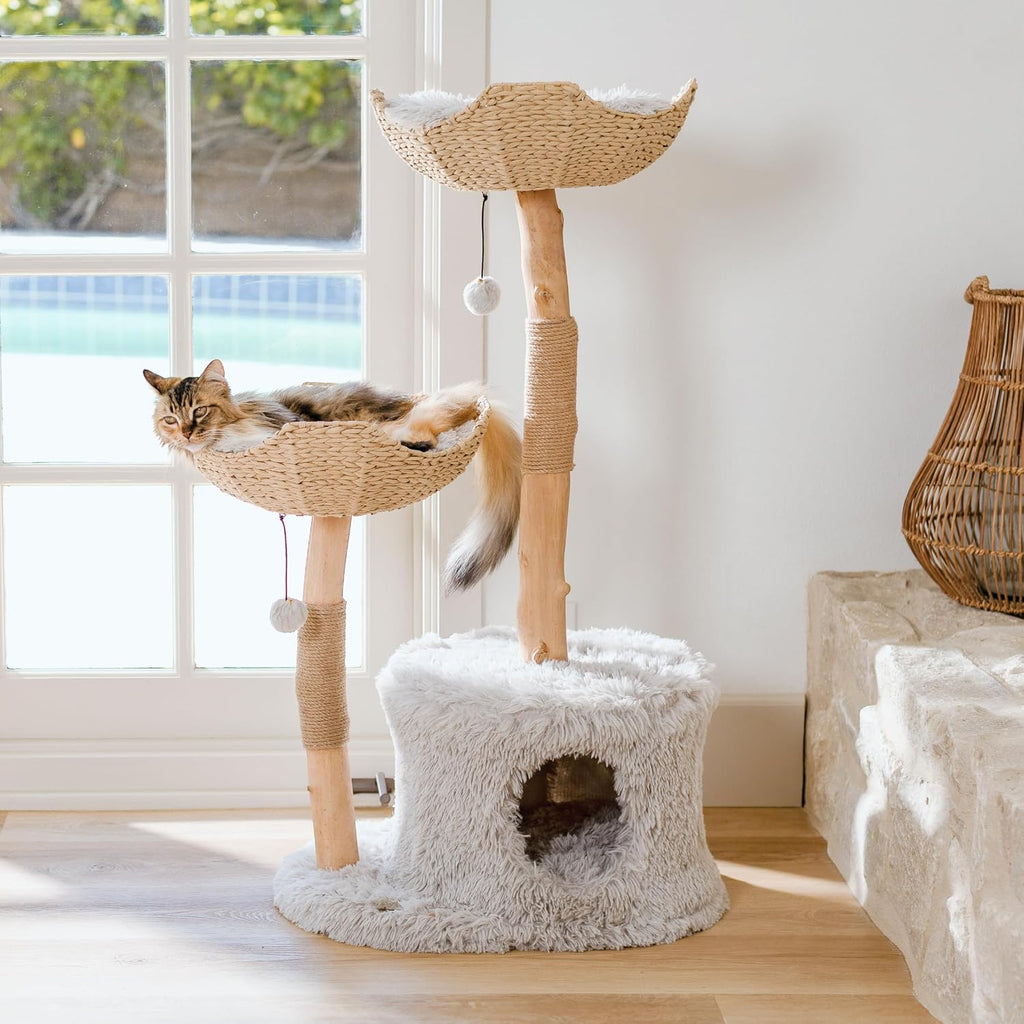 Modern Cat Tree Tower, Real Branch Wood Condo for Large Cats
