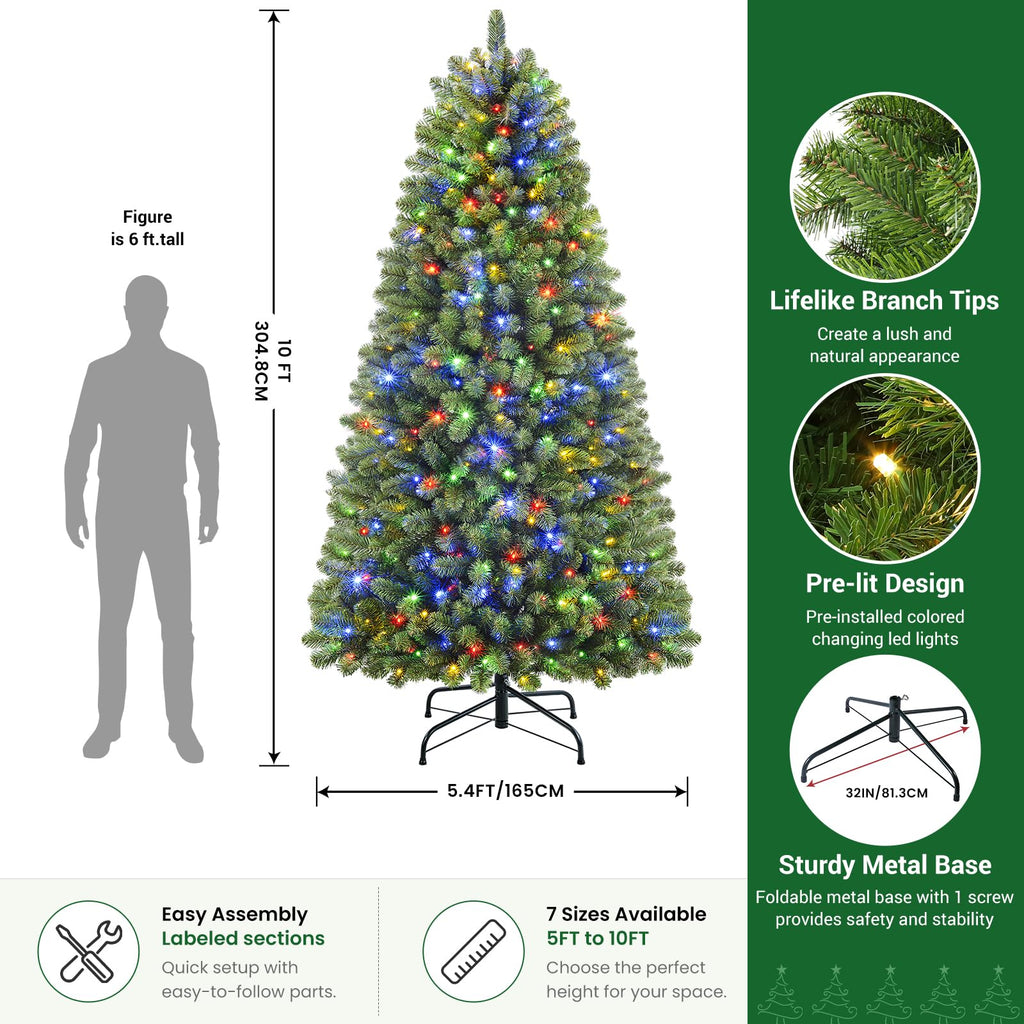 10FT Artificial Prelit Classic Christmas Tree with Remote Control, Timer