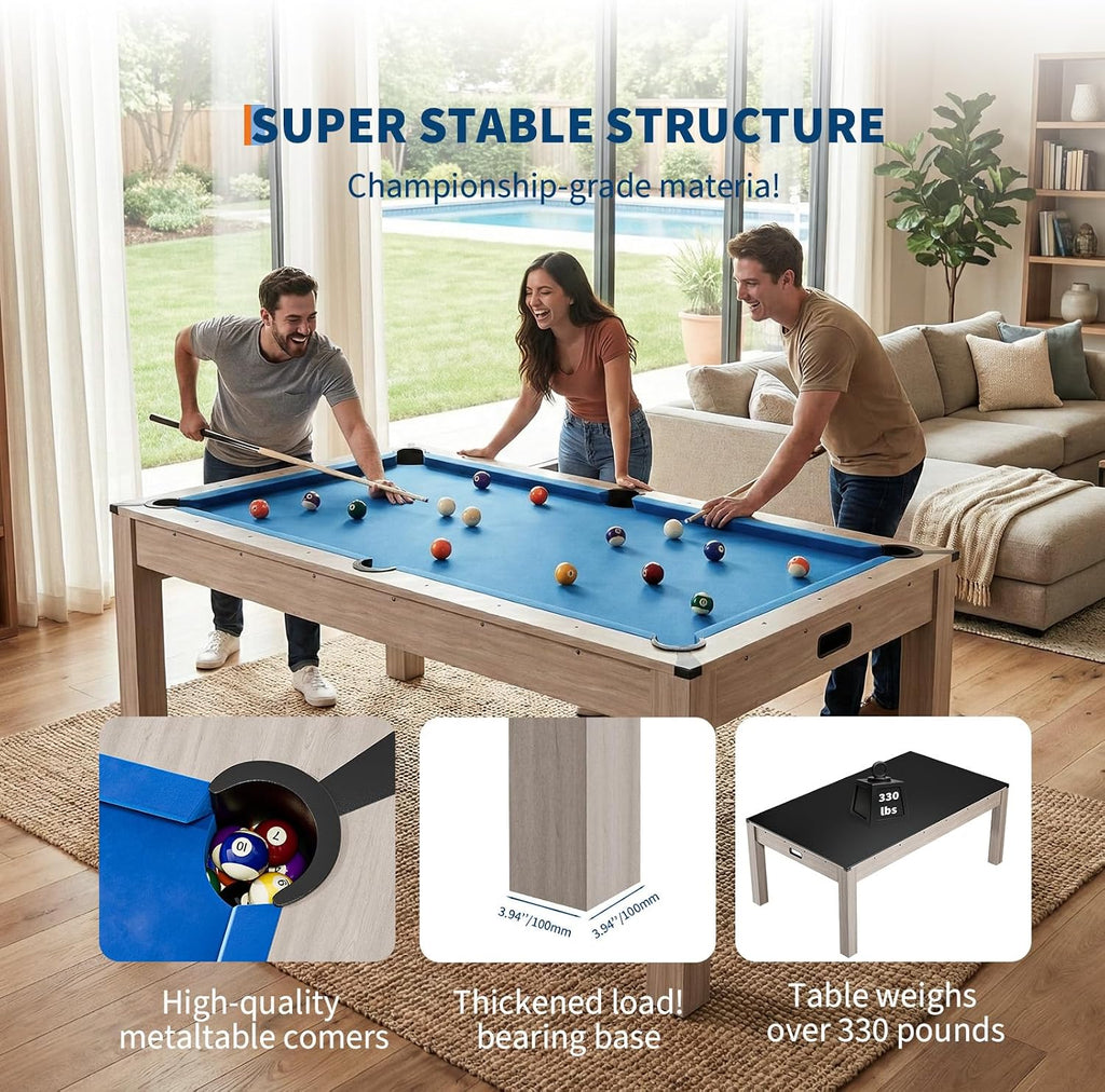 7 ft Pool Table Combo,3 in 1 Pool, Dining, & Table Tennis with Full Accessories,HDF Wood Grain Finish & Chrome Accents