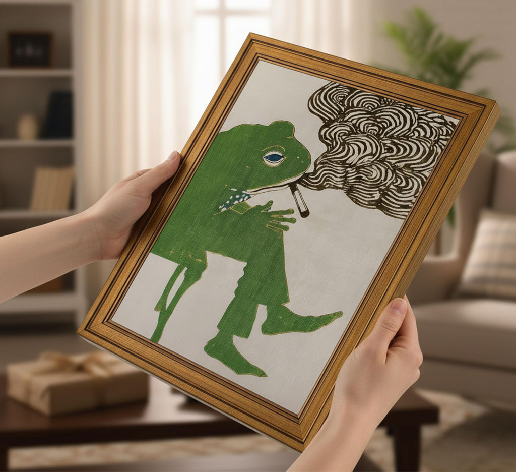 Vintage Gold Framed - Smoking Frog Canvas Wall Art, Retro Japanese Ukiyo-e Style Picture, Whimsical Animal