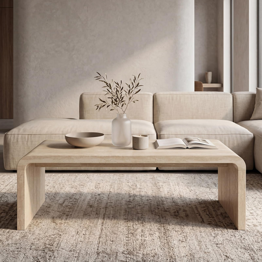 47" Travertine Look Coffee Table, Thick Waterfall Edge Wood