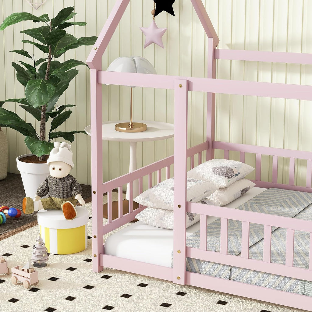 Pink House Bed, Solid Wood Montessori Floor Bed