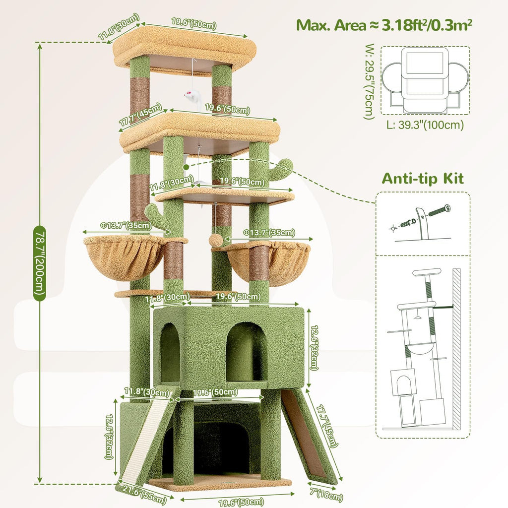 Heavy Duty Cactus Cat Tree for 20lbs Large Adult Cats, Green