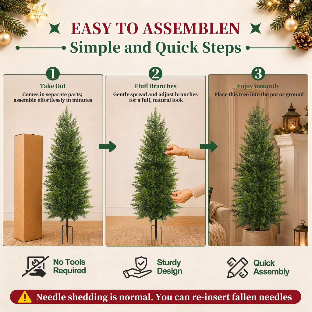 2 Pack 4FT Artificial Topiary Cedar Trees with Spike for Outdoor