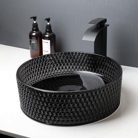 Black Crystal Bathroom Vessel Sink with Waterfall Faucet and Drain Combo,16 Inch Diamond Shaped Tempered Glass Sink