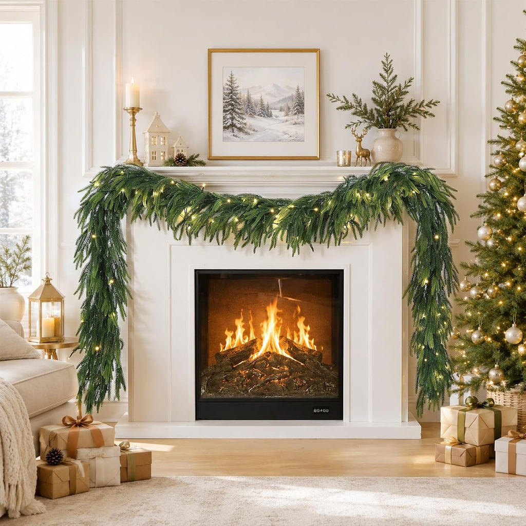 9FT Christmas Norfolk Pine Pre-Lit Garland with 70 LED Lights Real Touch Prelit Garland Christmas Greenery Garlands