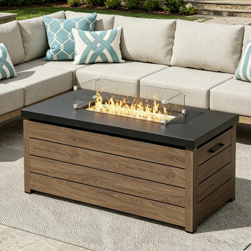 Outdoor Propane Fire Pit Table, 60,000 BTU Rectangular Gas Fire Pit | with Lid, Glass Bead and Top Cover, 3 in 1 Fire