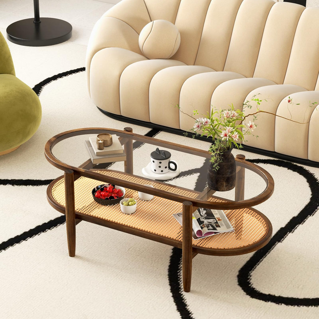 Rattan Coffee Table, 2-Tier Oval Acacia Wood Tea Table w/Tempered Glass Tabletop & PE Rattan Storage Shelf, Boho