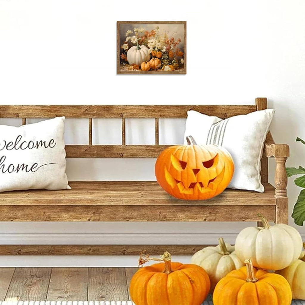 Framed Fall Pumpkin Wall Art - White Pumpkin and Autumn Floral Canvas Print, Rustic Farmhouse Harvest Halloween