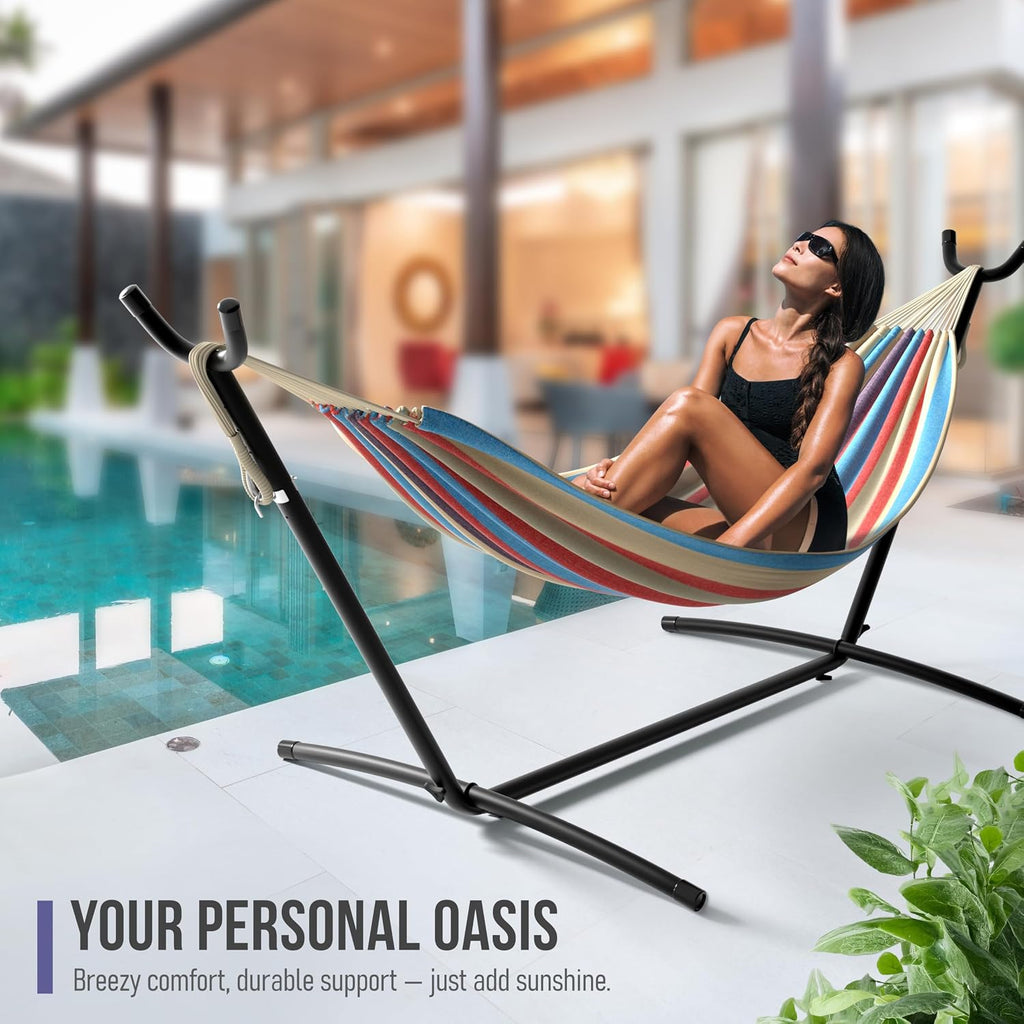 2-Person Luxury Hammock with Steel Stand- Premium Cotton Blend 60" Large Bed- Heavy Duty 450lbs Portable w/Carrying