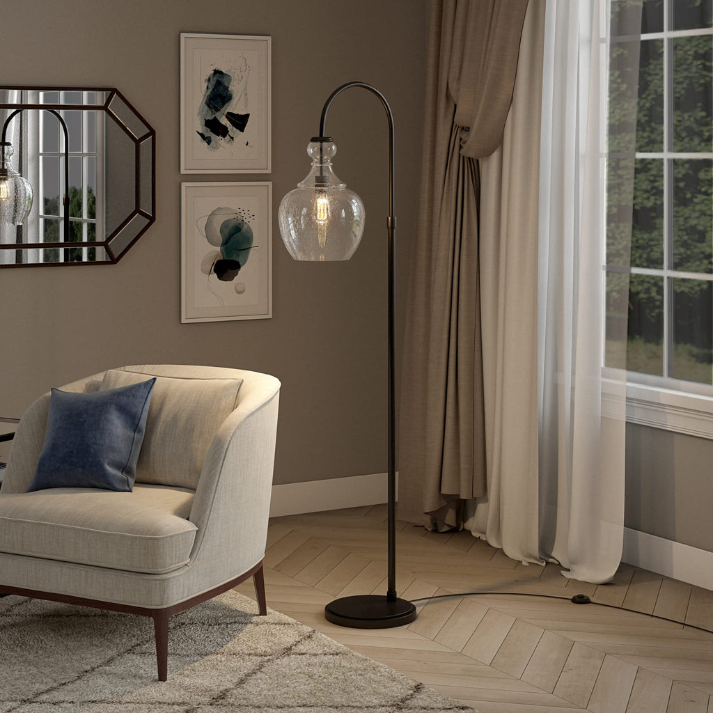 Arc Floor Lamp with Glass Shade in Blackened Bronze/Seeded, Floor Lamp