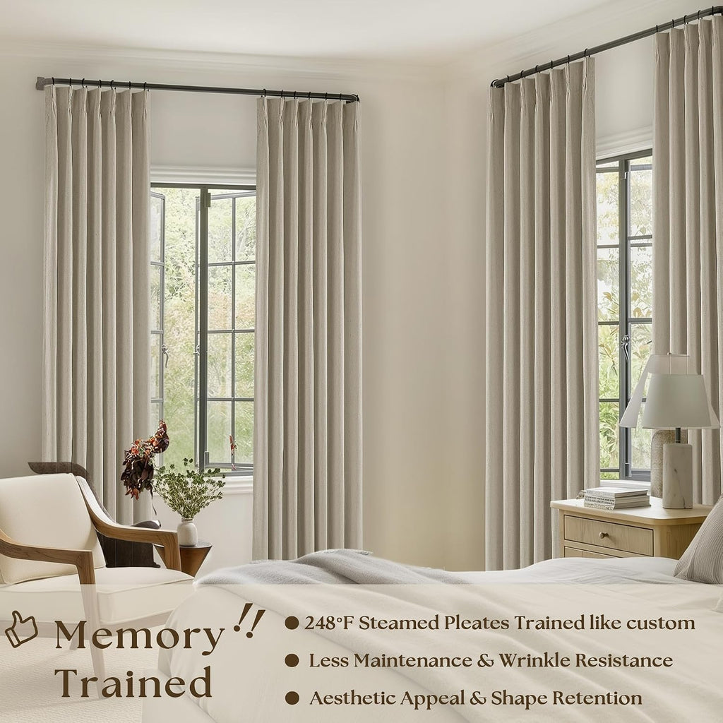 Neutral Pinch Pleat Linen Blackout Curtains 108 Inches Long 2 Panel Set for Living Room Back Tab Pleated Drapes Room