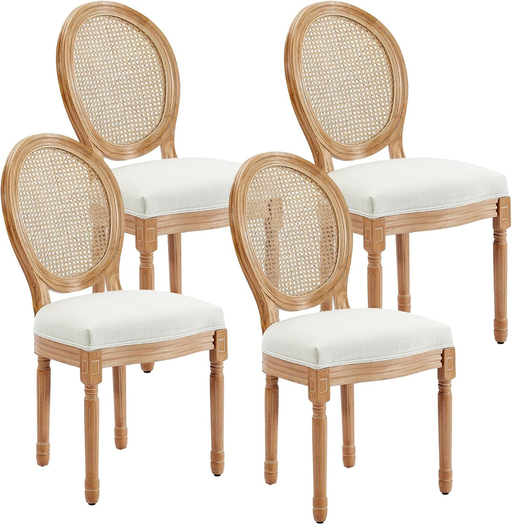 French Country Rattan Dining Chairs Set of 4, Upholstered Farmhouse Dining Chairs with Round Back and Linen Fabric, Mid-Century Style