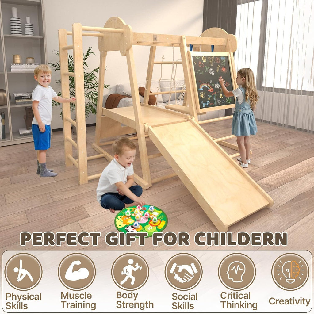 In-1 Indoor Jungle Gym, Montessori Indoor Playground for Toddlers,Wooden Climber Set with Swing, Slide, Monkey