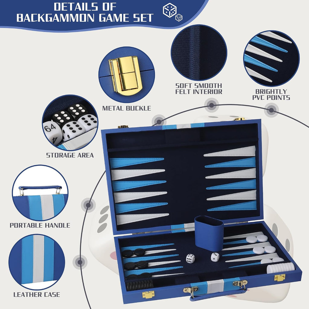 15 inch Backgammon Sets for Adults - Classic Board Game for Adults - Portable Travel Backgammon Set for 2 Players