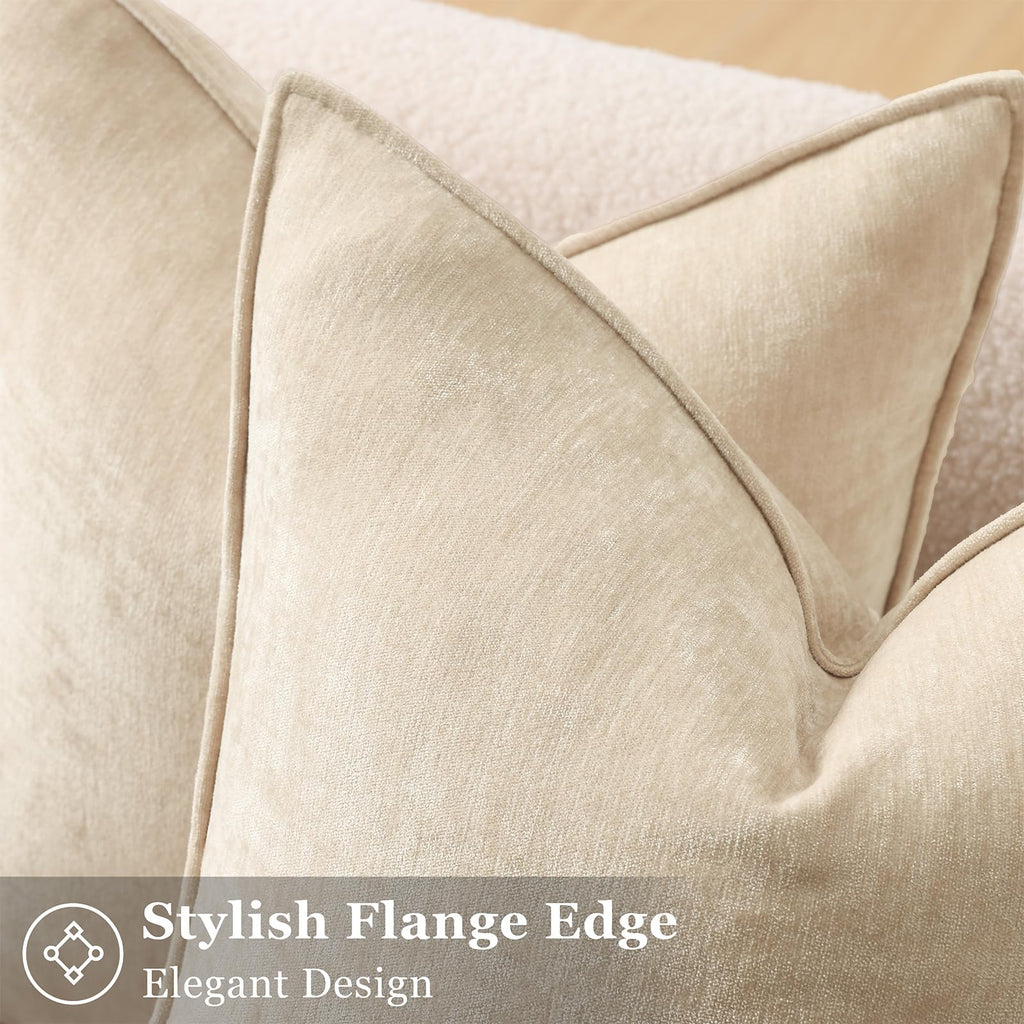 Chenille Beige Velvet Throw Pillow Covers 24x24 Set of 2