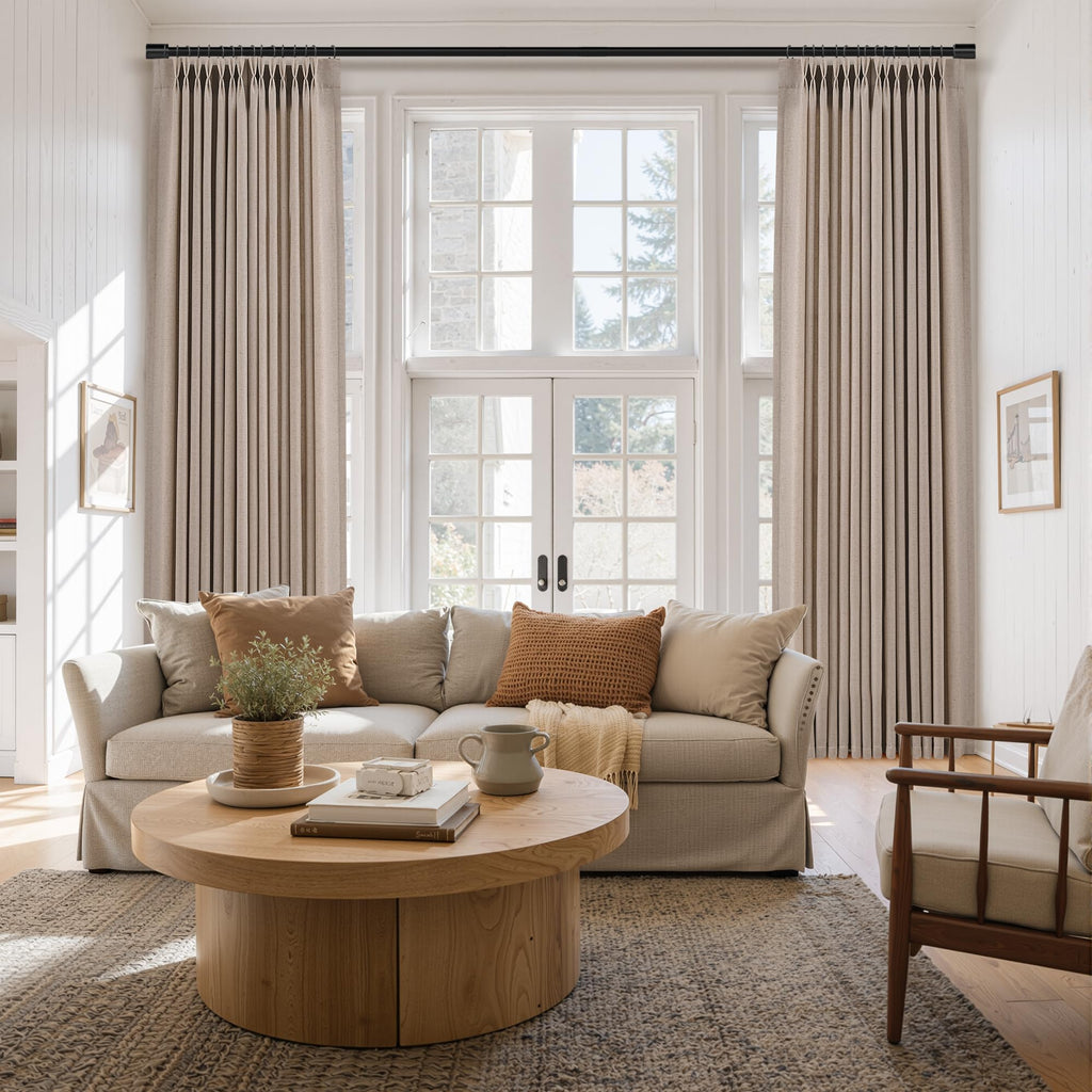 Sand Beige Pleat Linen Curtains 112 Inches Long Pinch Pleated Drape Hooks Rings Back Tab Semi Sheer Light Filtering