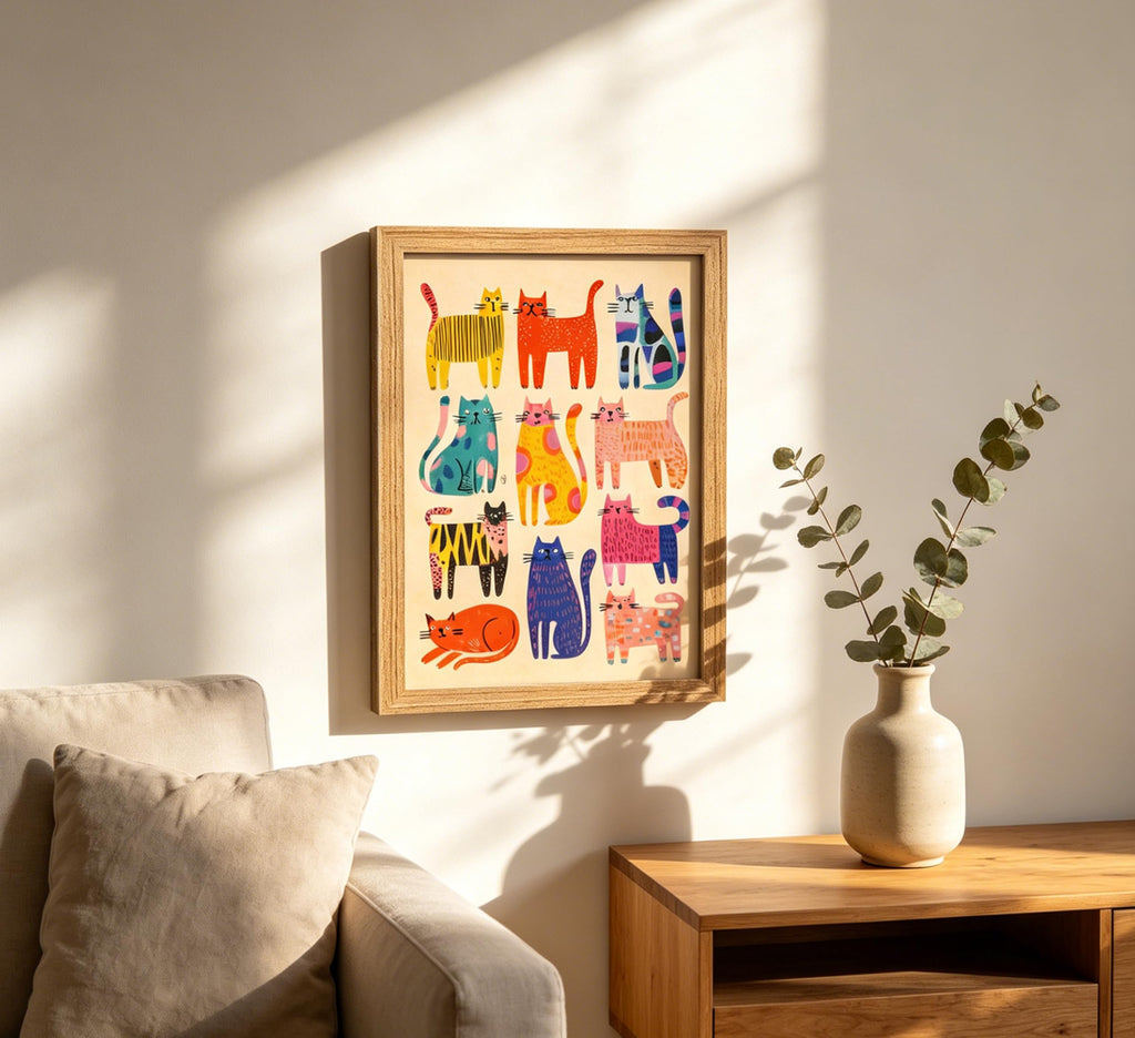 Framed Colorful Abstract Cat Wall Art, Cute Kitten Painting Canvas Print, Colorful Cartoon Animal Wall Decor