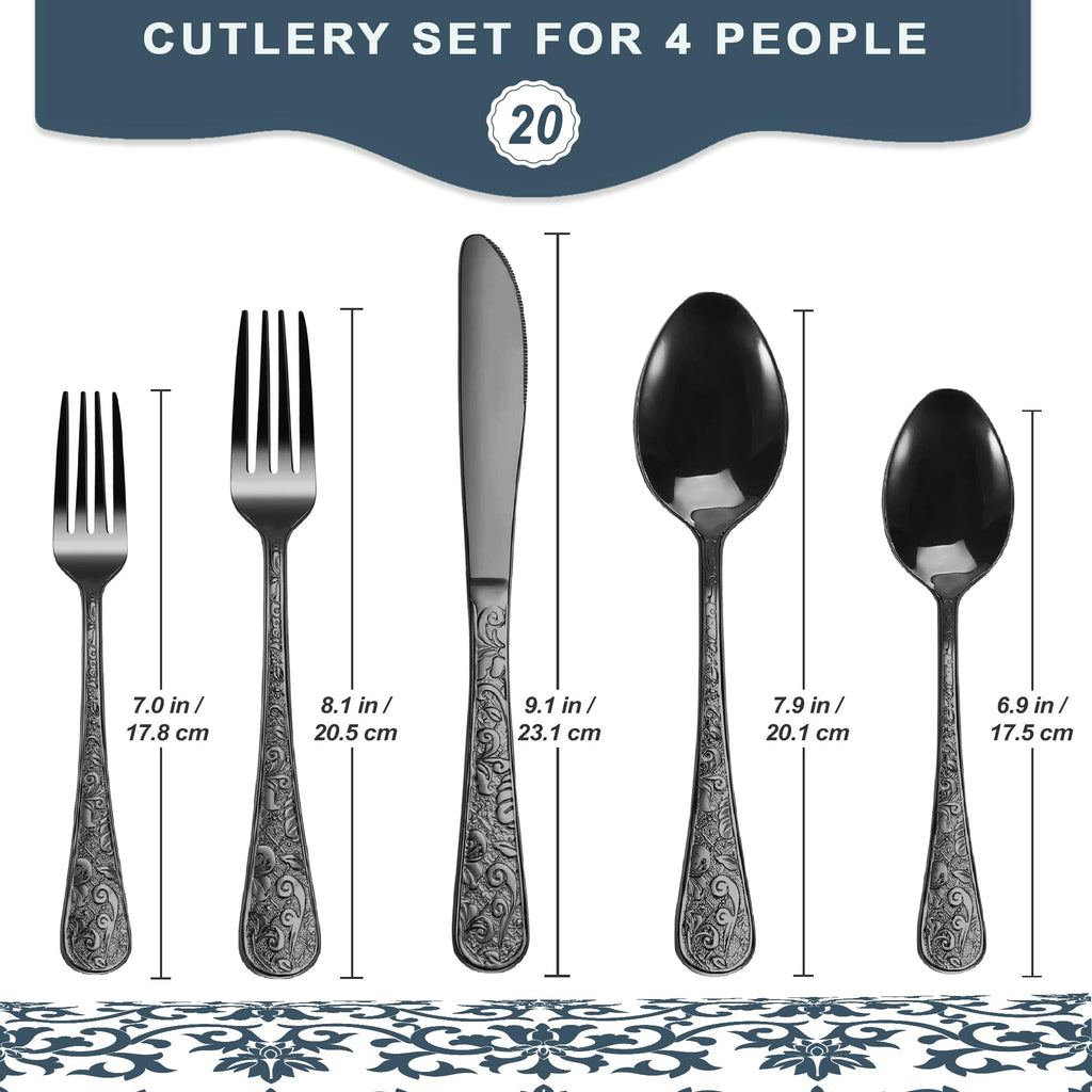 Vintage Carved Black Stainless Steel 20-Piece Flatware Set