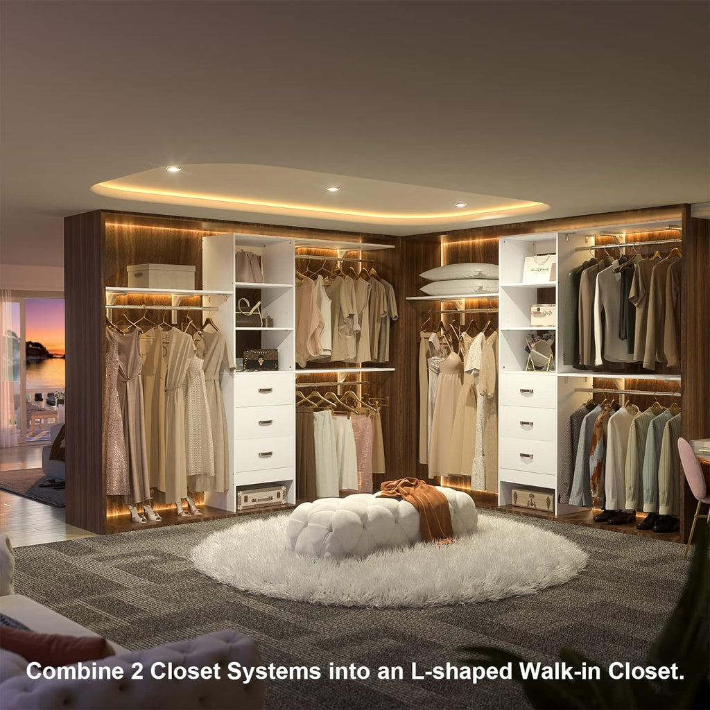8FT Closet System, 96'' Closet Organizer System with 3 Hanging Rods, Wall Mount Bedroom Wardrobe with 3 Drawers